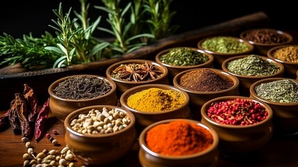 Assorted spices in cups on rustic table, vibrant seasoning variety, cooking ingredients close-up.