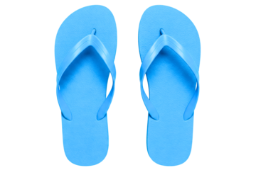 Pair of simple light blue plastic beach flip-flop sandals isolated on a transparent background