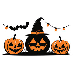 Spooky Halloween Pumpkins with Witch Hat and Decorative Elements, isolated on transparent background.
