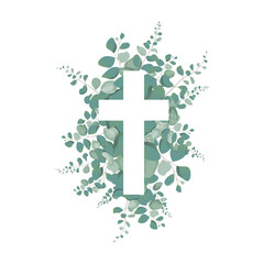 Eucalyptus Botanical greenery and cross. Baptism Invitation. Easter Cross. Holy Spirit. Religious. Baptism Christening Invitation. Christian Cross and Foliage