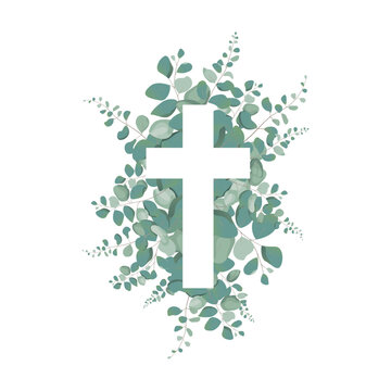 Eucalyptus Botanical greenery and cross. Baptism Invitation. Easter Cross. Holy Spirit. Religious. Baptism Christening Invitation. Christian Cross and Foliage