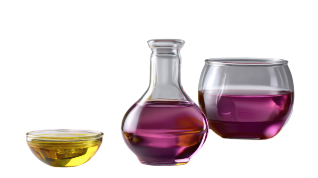 Exquisite Liquids: Three elegantly designed glass vessels, each cradling a vibrant and colorful liquid, their unique shapes offering a visual symphony, playing with transparency and refraction.