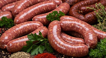 Fototapeta premium A butchers display of raw artisan sausages in natural casing, neatly arranged with fresh herbs and spices, ultra detailed and realistic, warm lighting, 