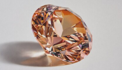 Faceted gemstone with orange hues on light surface, reflecting light patterns and a soft shadow
