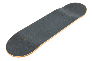 The top of a wooden skateboard deck covered with black griptape isolated on a transparent background