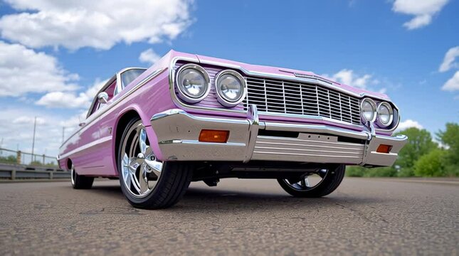 A classic lowrider with a clean pink paintjob and rims hitting the hydraulic switches
