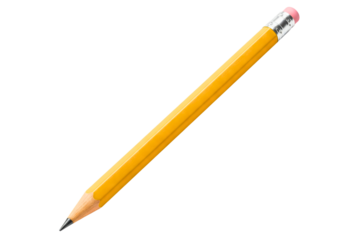 Classic yellow wooden graphite pencil with a pink eraser tip isolated on a transparent background