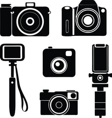 A black silhouette set of various camera icons, including a selfie stick, perfect for photography and social media-related projects.