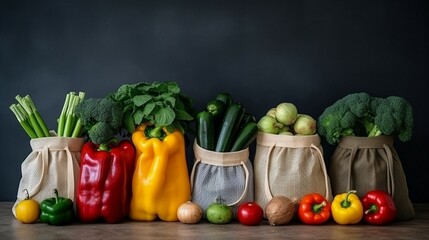 Healthy fruit and vegetable selection in reusable eco bags, plastic-free zero waste lifestyle concept
