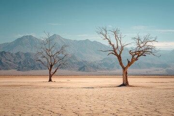 Two bare trees stand in a cracked, arid landscape, mountains visible on the horizon