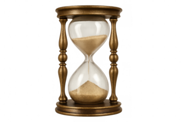 Golden hourglass marking time's passage, sand trickling through narrow glass neck