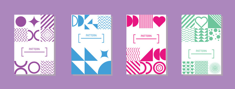 Colorful geometric flyer templates with abstract shapes and modern design in purple, blue, pink, and green tones, perfect for branding, posters, invites, and visual promotional material.