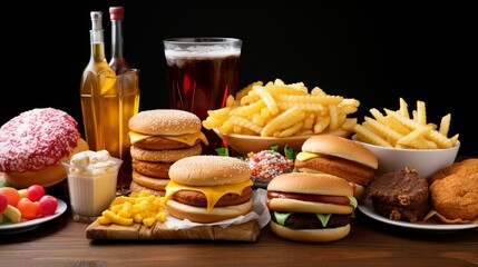 Table with assorted high-calorie, ultra-processed junk food, unhealthy nutrition, empty calories.