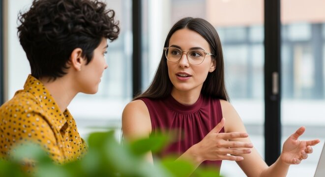 Two professional women having business discussion in modern office. Female colleagues talking, explaining ideas during work meeting or consultation.