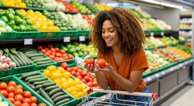 Smiling African American female customer choosing vegetables in supermarket. Fresh produce shopping, healthy lifestyle and nutrition concept.