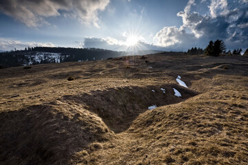 Basson Hill: trenches of the Austro-Hungarian stronghold of the Great War. Vezzena, Levico Terme, Trentino, Italy.