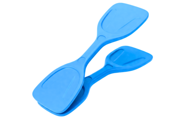 Set of bright blue plastic spatula tongs for kitchen use isolated on a transparent background