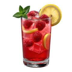 Raspberry lemonade drink with ice isolated on transparent background