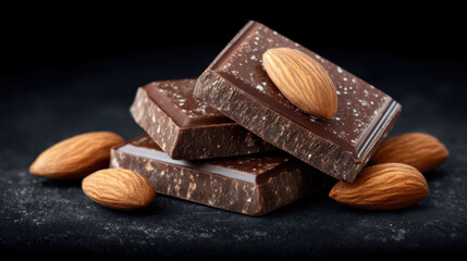 Dark chocolate pieces with whole almonds on black surface, rich and indulgent treat with nutty texture
