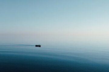 Fototapeta premium serene ocean surface captured from above featuring solitary vessel gently floating