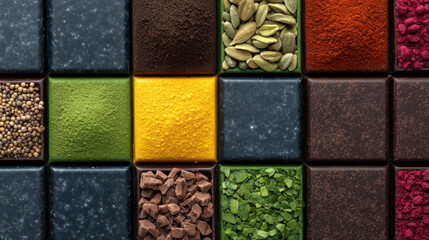 Fototapeta premium Artisan chocolate tiles topped with colorful spices and seeds arranged neat grid pattern creating vibrant and appetizing