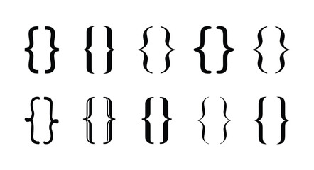 Curly braces brackets parenthesis icon set , Bracket, braces, parenthes vector set, Diverse curly bracket styles for design, coding, and typography , vector illustration .