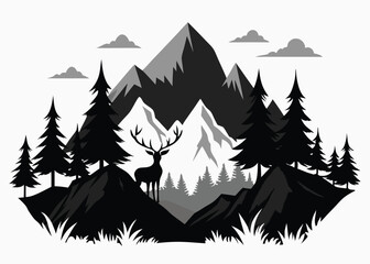 Fototapeta premium Silhouetted Deer and Trees Against Majestic Mountain Scenery in Black and White