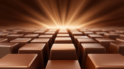 Obraz premium Stacked smooth chocolate cubes with warm glowing light in background creating rich and inviting atmosphere