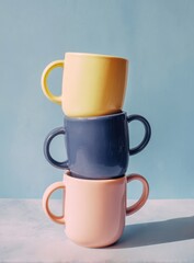 Stacked mugs, pastel colors, simple design