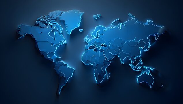 Fototapeta 3D world map on a dark background, with a blue color scheme. Vector illustration, simple design, 