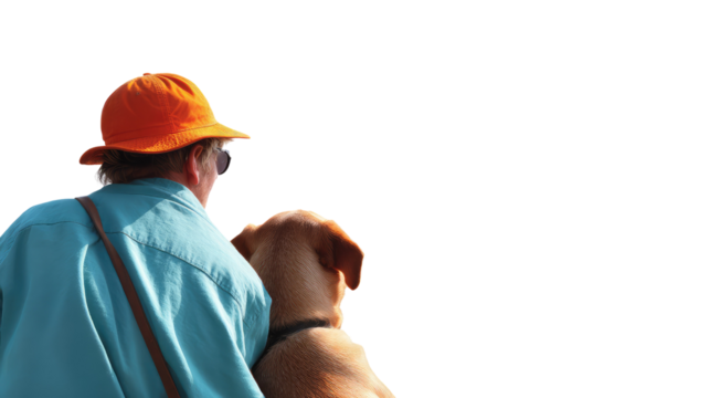 A Tender Bond: An individual with a bright orange hat shares a tender moment with a canine companion, a symbol of friendship and loyalty in a moment of tranquil connection.