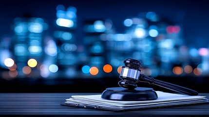 Gavel on documents, city lights background