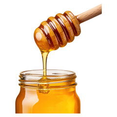 Honey Dripping from Wooden Dipper into Glass Jar for Natural Sweetener, isolated on transparent background.