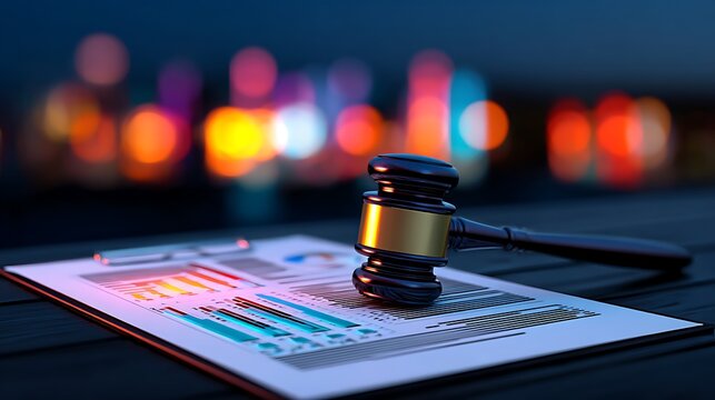 Gavel resting on financial data, nighttime city lights blurred background