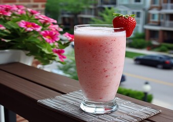 Strawberry smoothie on a patio