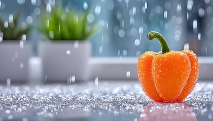 Orange pepper in rain