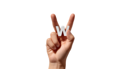 Victory Hand Sign with W: A hand elegantly displays a "victory" gesture, holding the letter "W" prominently, suggesting an announcement or symbolizing concepts such as win and wealth.