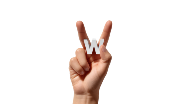 Victory Hand Sign with W: A hand elegantly displays a "victory" gesture, holding the letter "W" prominently, suggesting an announcement or symbolizing concepts such as win and wealth. - Powered by Adobe