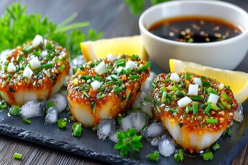 Pan-seared scallops with sauce and garnish