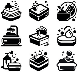 Cleanliness Vector Icons: Soap, Bubbles, and Shower Set