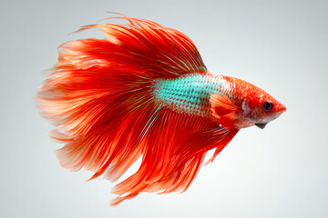 Fototapeta premium Vibrant super red halfmoon Betta fish on White background gracefully swims. Its flowing caudal fin flares in a stunning 180-degree arc, showcasing its beauty, 22 April 2025 Indonesia