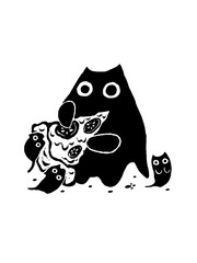 Funny black cat eating pizza with little kittens