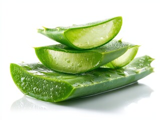 Fresh Aloe Vera Slices Stacked on a White Background