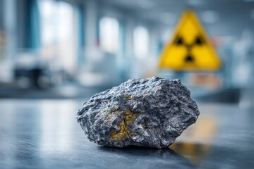 Uranium ore in a science lab with radioactive signage in the background.