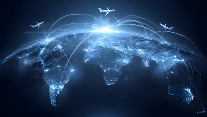 A blue world map with flying planes, global network concept on a dark background, vector illustration design. In the center of the screen is an abstract representation of Earth's globe. The Earth glow