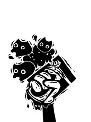 Hand holding a spray paint can with cute cat face shapes emerging