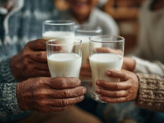 Family Members Share Glasses of Fresh Milk in a Cozy Setting