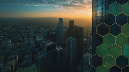 Abstract business team stands on the peak of success amid tall, innovative world of business and graphs with statistics to analyze business potential and predict future developments in company growth.