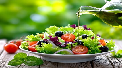 Healthy salad being dressed with oil