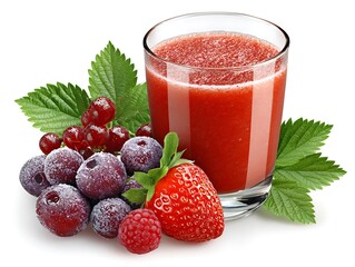 Red fruit smoothie, berries, leaves